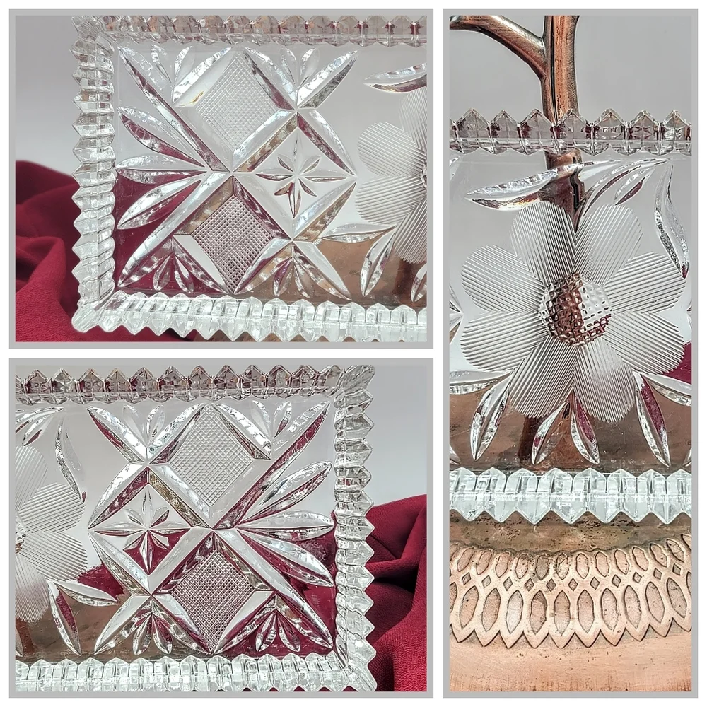 Pressed Crystal Creamer Sugar Bowl Lid Tray Floral Daisy Diamond Pattern Vintage